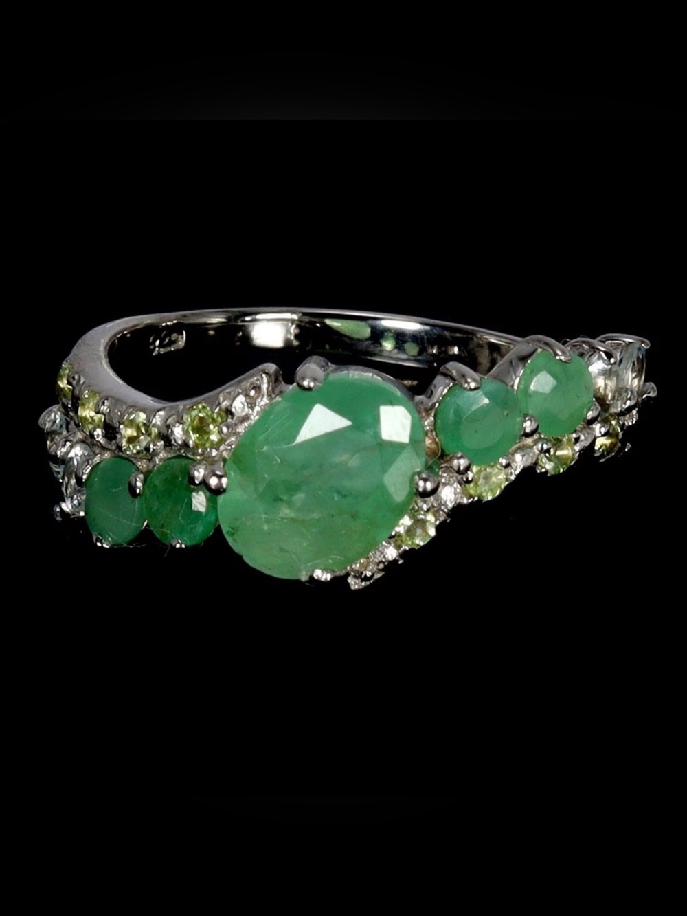 Exquisite Natural Emerald Peridot & Aquamarine 14K Gold plated 925 Ring Sz 7.5